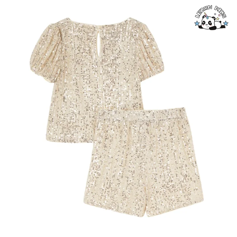 LEZONKIDS - Customizable Design Children's Set  Puff Short Sleeves Sequin Shorts Sequin Girls Clothing Set